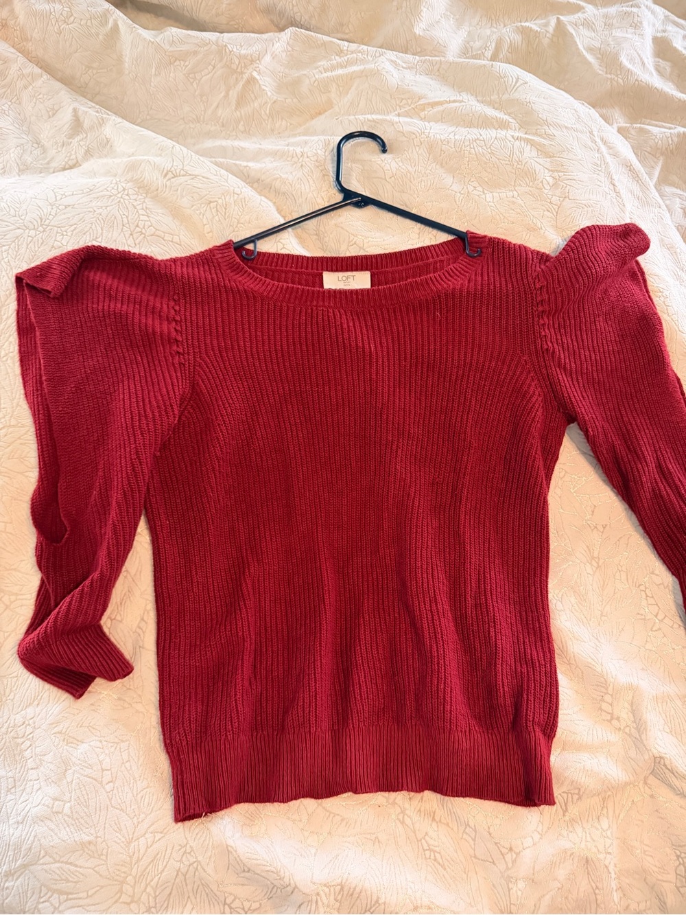 LOFT Crimson Red Puff-Sleeve Ribbed Sweater